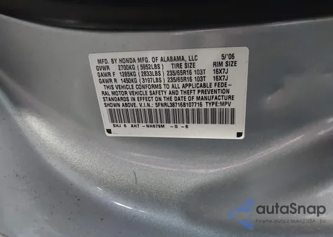 2006 Honda Odyssey Ex-L from USA, damaged, VIN 5FNRL38716B107716